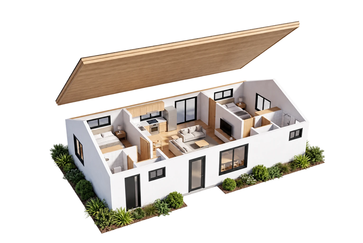 AI architectural study of an ADU cutaway with a floating timber roof