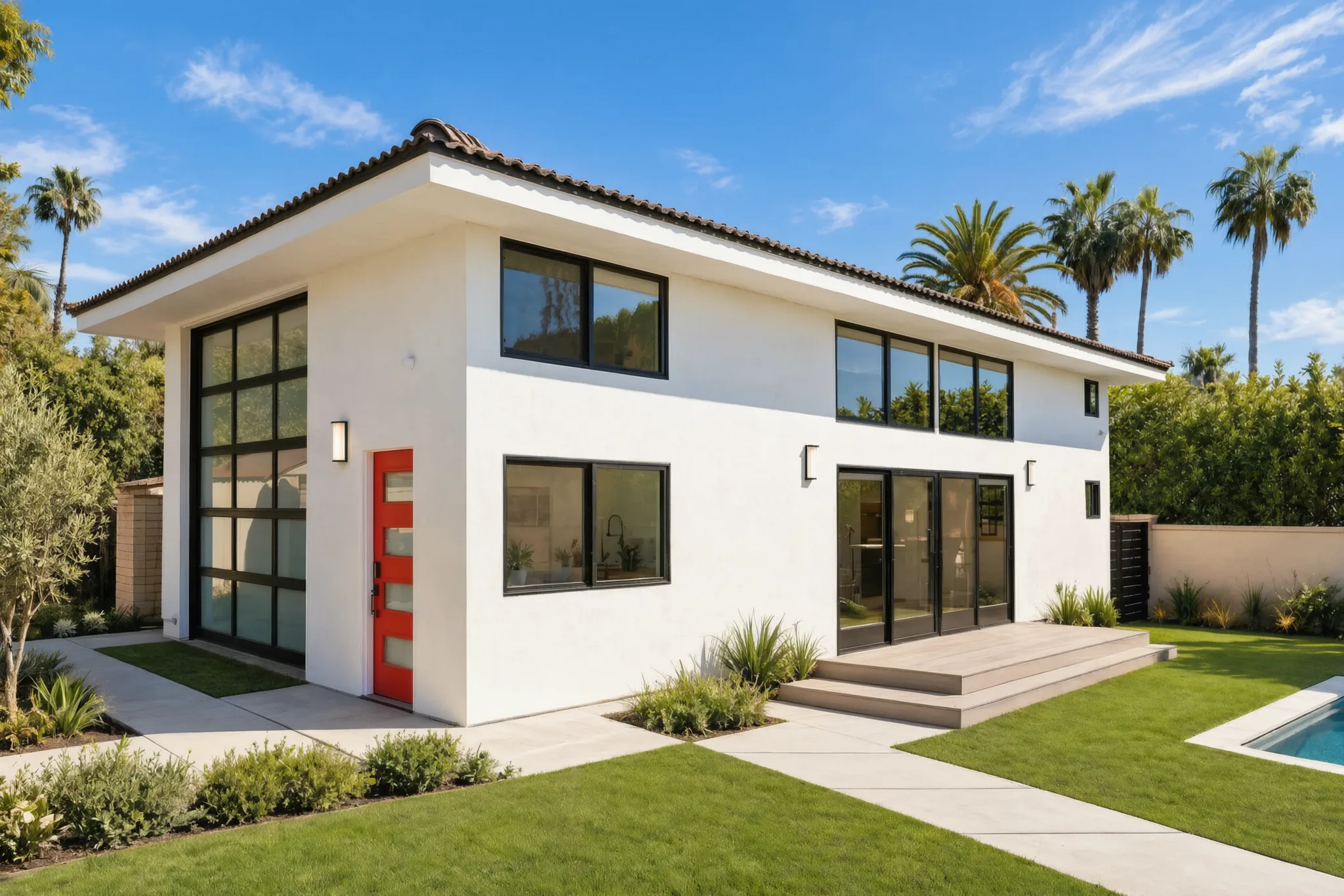 Two-story detached ADU, Santa Ana Hills — full exterior with the red entry door and pool, Avorino