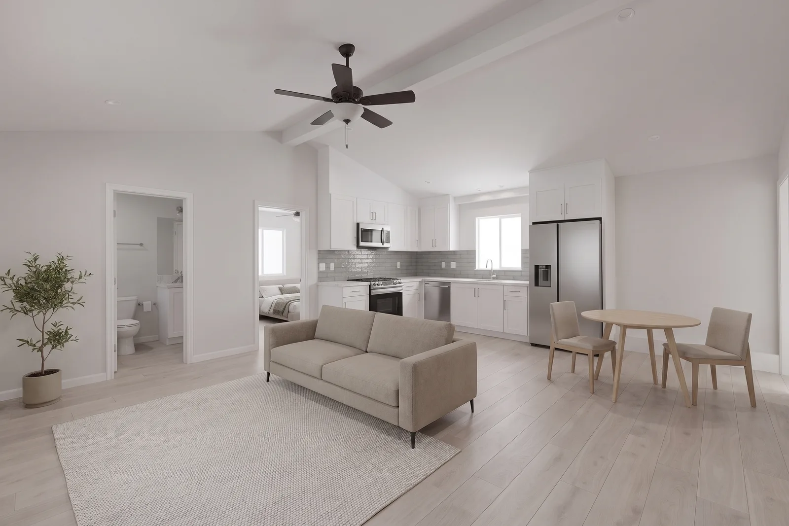 Avorino's design rendering of the living & kitchen, Detached ADU, Santa Ana